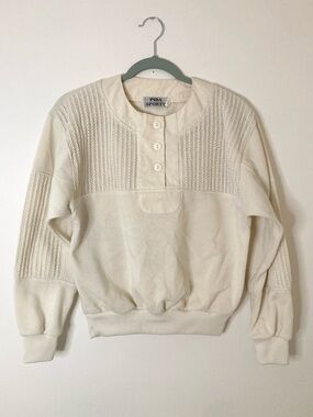 Vintage Piba Sports Cable Knit Preppy Athleisure Henley Sweatshirt L Cream